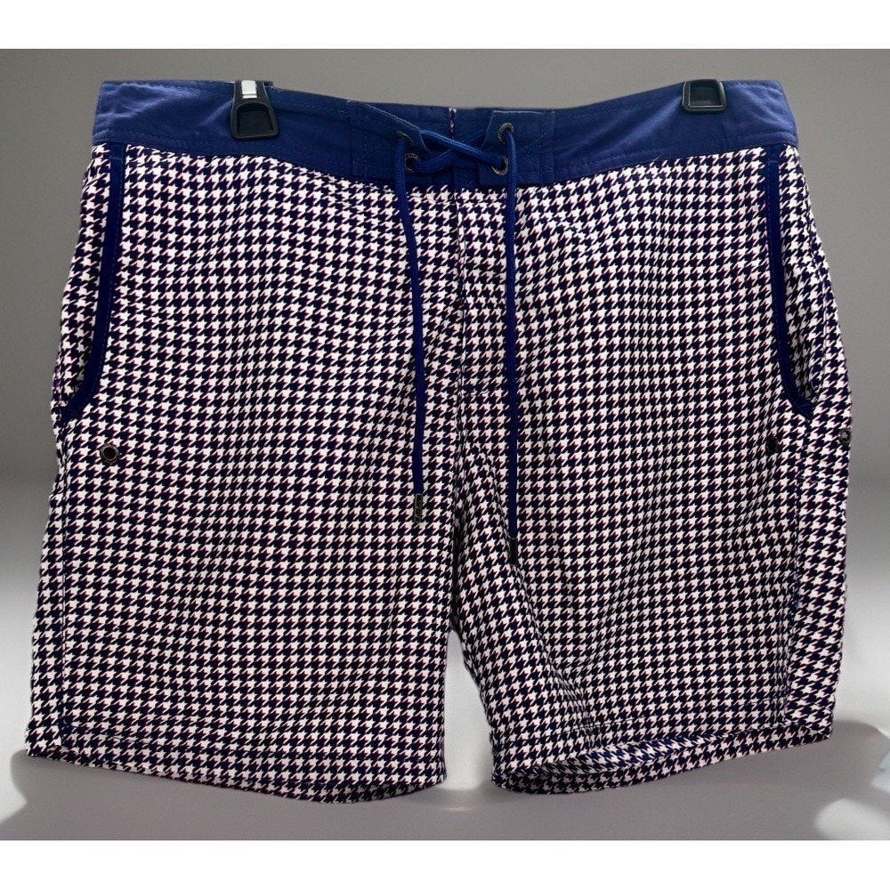 Mr. Swim Men's 32 Swim Trunks Shorts Houndstooth Blue White Drawstring Pockets